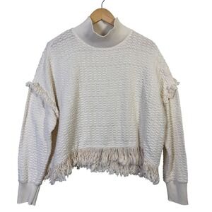 Zara Womens Sweater Small Mock Neck Ivory Textured Fringe Trim Pullover‎ BOHO